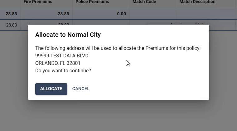 Allocate to Normal City confirmation window showing the address and Allocate button